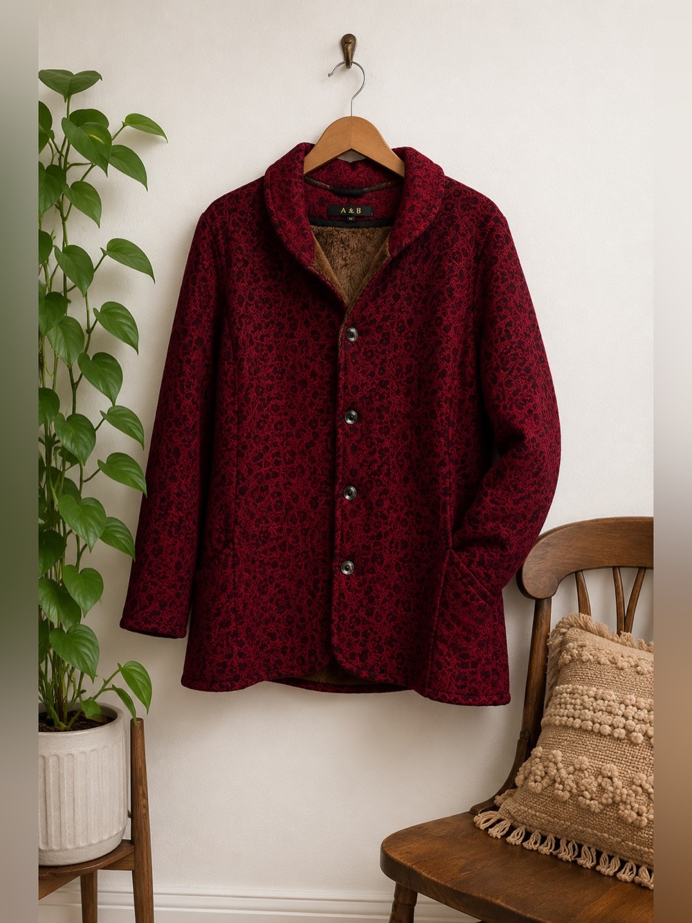 Blood Red Quilted Floral Jacket Faux‎ Fur Lined Vamp Romantic Goth S/M